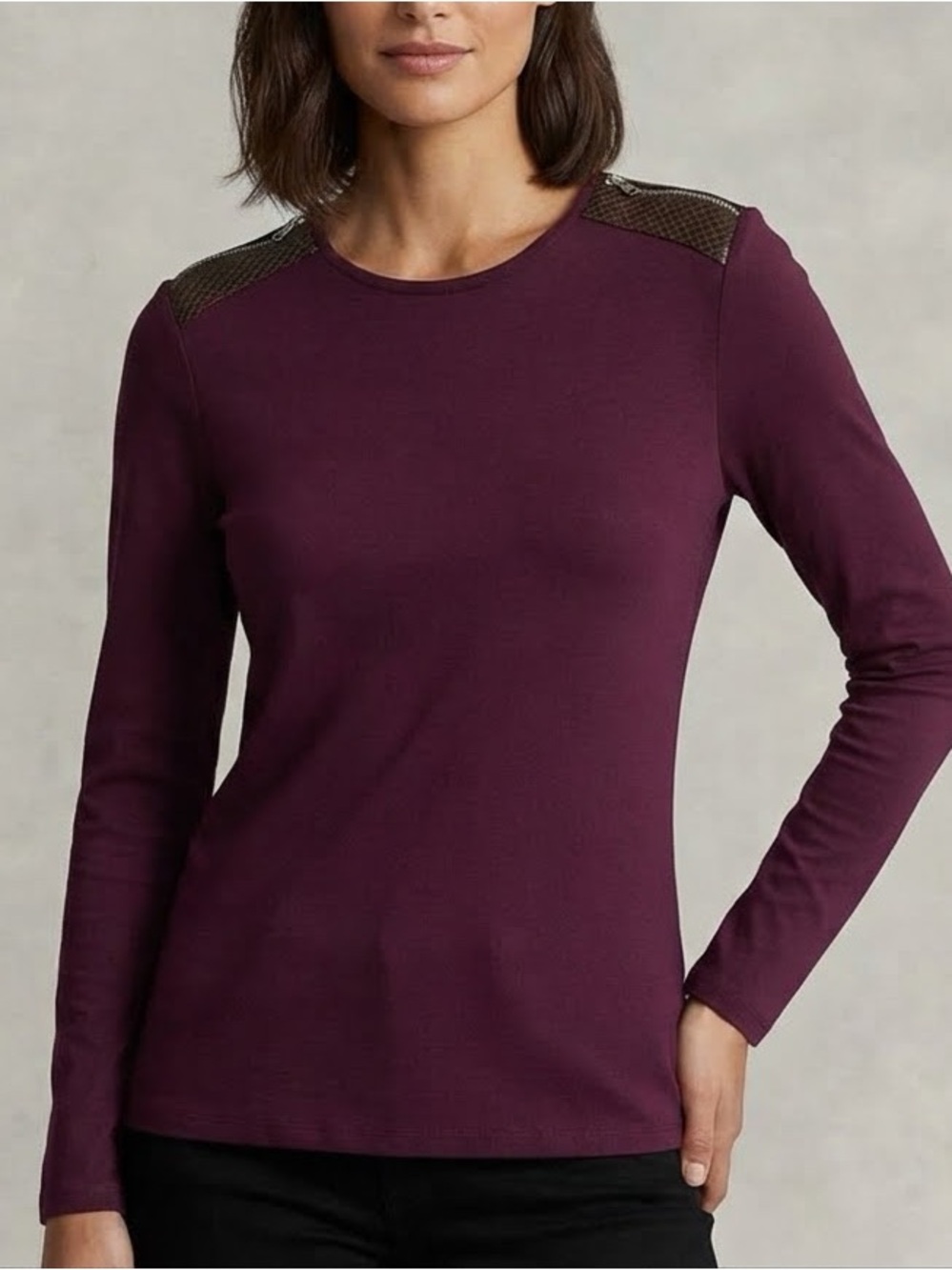 Lauren Ralph Lauren Ribbed Suede Shoulder Patch Top Pretty Fall Fashion Large
